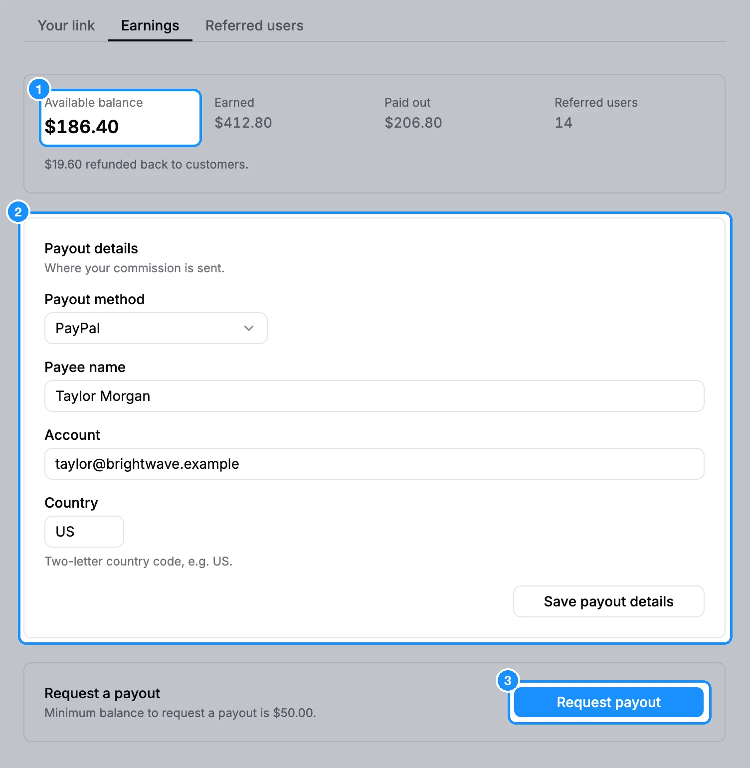 Affiliate Earnings tab with balance figures, the Payout details form and the Request payout button