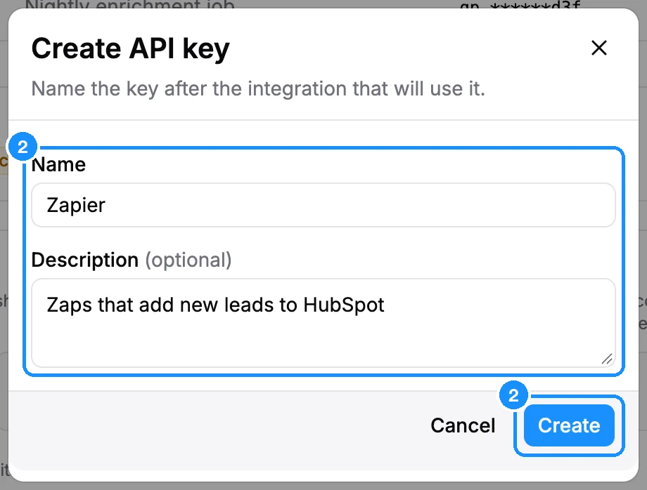 Create API key dialog with Zapier in the Name field, a Description, and the Create button