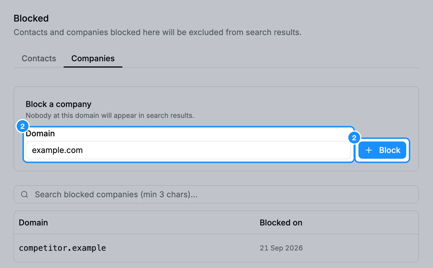 Blocked page on the Companies tab with example.com in the Domain field and the hint "Nobody at this domain will appear in search results."