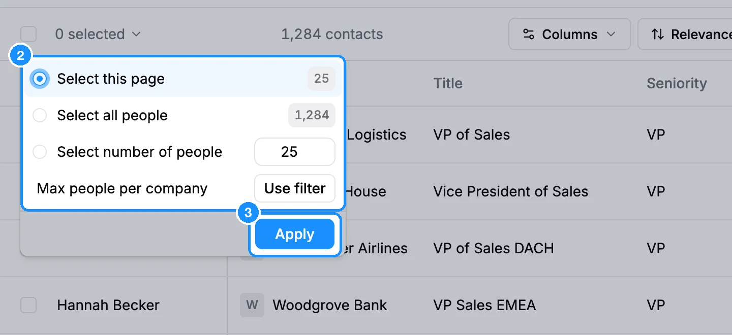 People search with the selection menu open: Select this page, Select all people, Select number of people with a number box, Max people per company, and the Apply button