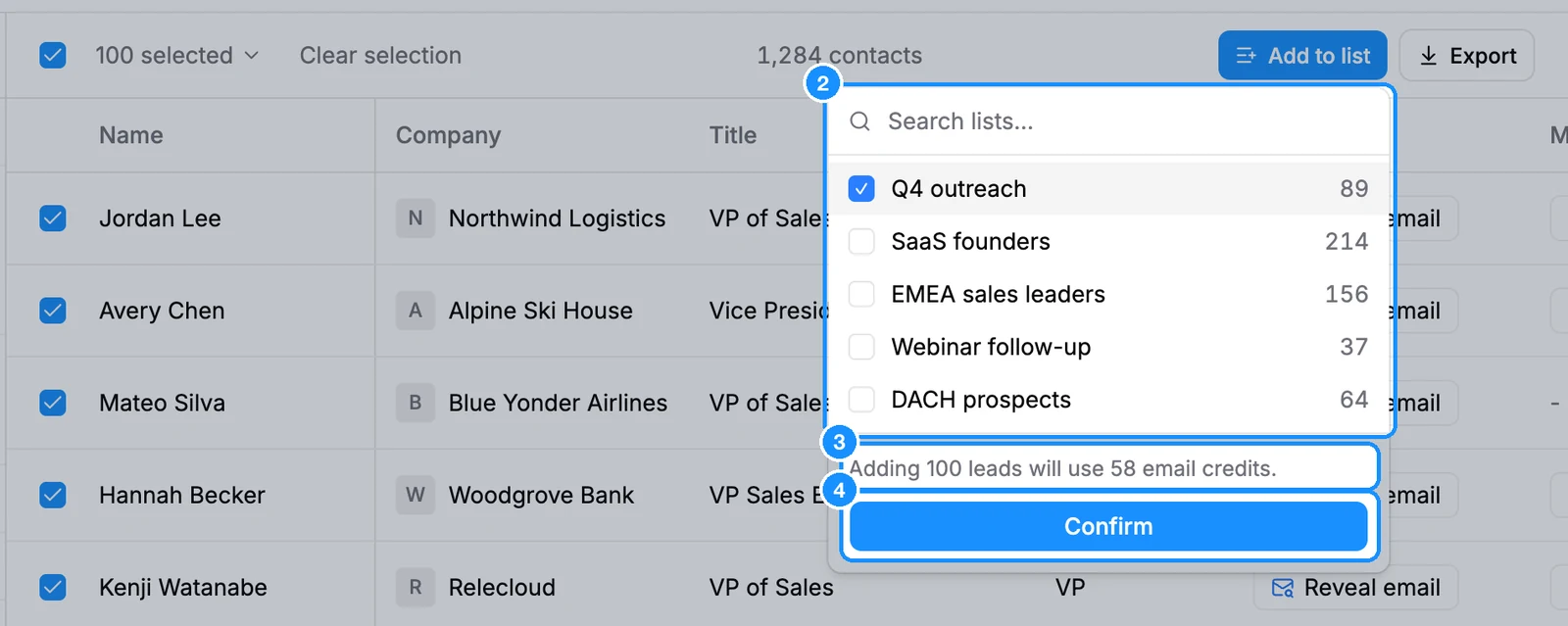 Add to list popover with one list ticked and the cost line showing how many email credits the save will use