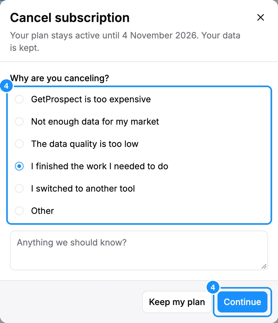 Cancel subscription dialog with the list of reasons, the Anything we should know box and the Keep my plan and Continue buttons