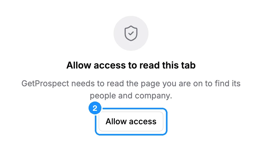 Side panel showing "Allow access to read this tab", the line "GetProspect needs to read the page you are on to find its people and company" and the Allow access button