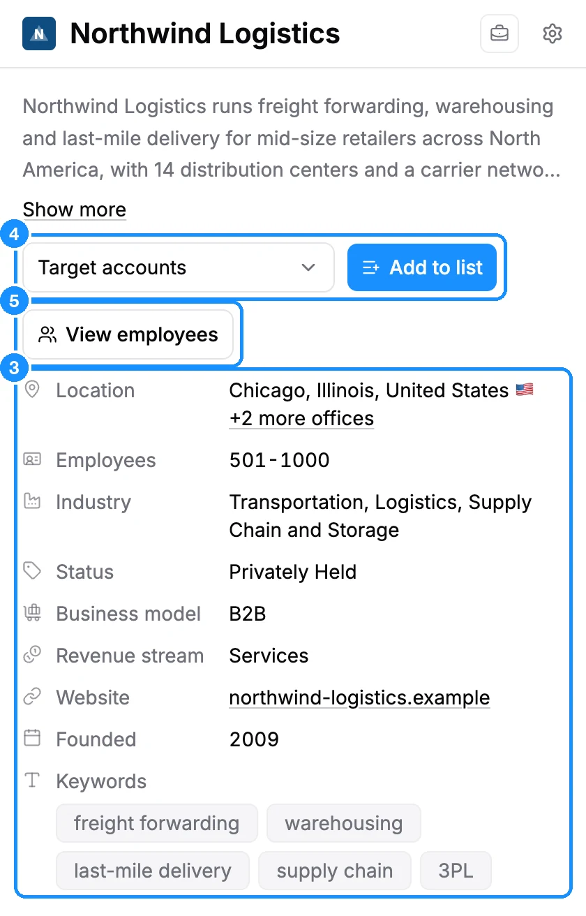 Company tab with the company logo and name, a short description, the company list picker with Add to list and View employees, and the company facts from Location to Keywords