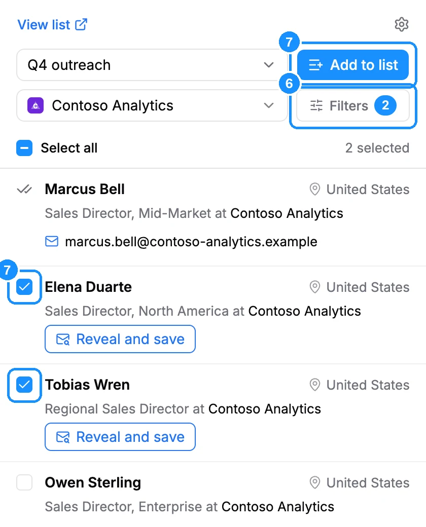 Contacts tab with the list picker and Add to list, the Filters button showing 2 active filters, and people rows with checkboxes and Reveal and save buttons, two of them ticked