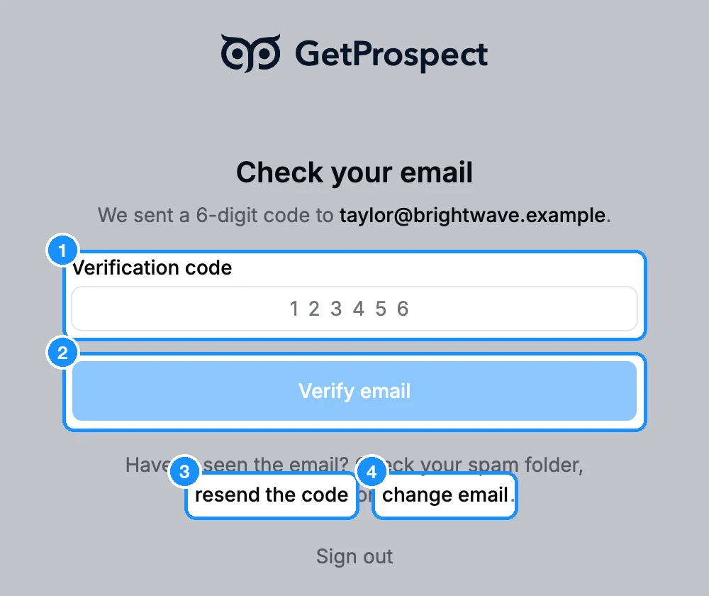 Check your email page with the 6-digit Verification code field, the Verify email button, and the resend the code and change email links below