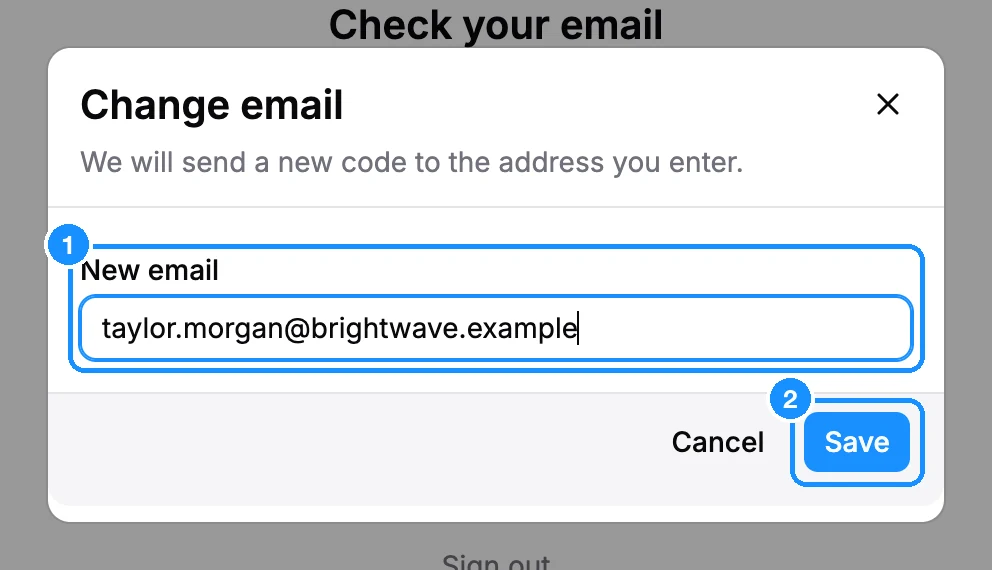 Change email dialog with the New email field and the Save button