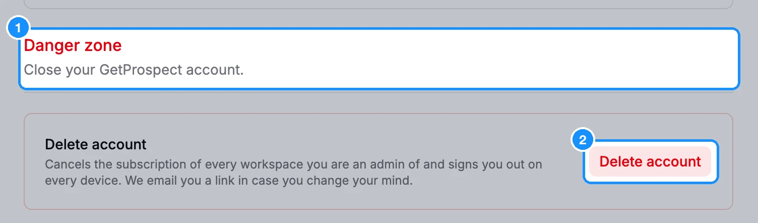 Danger zone section on the Account settings page with the red Delete account button