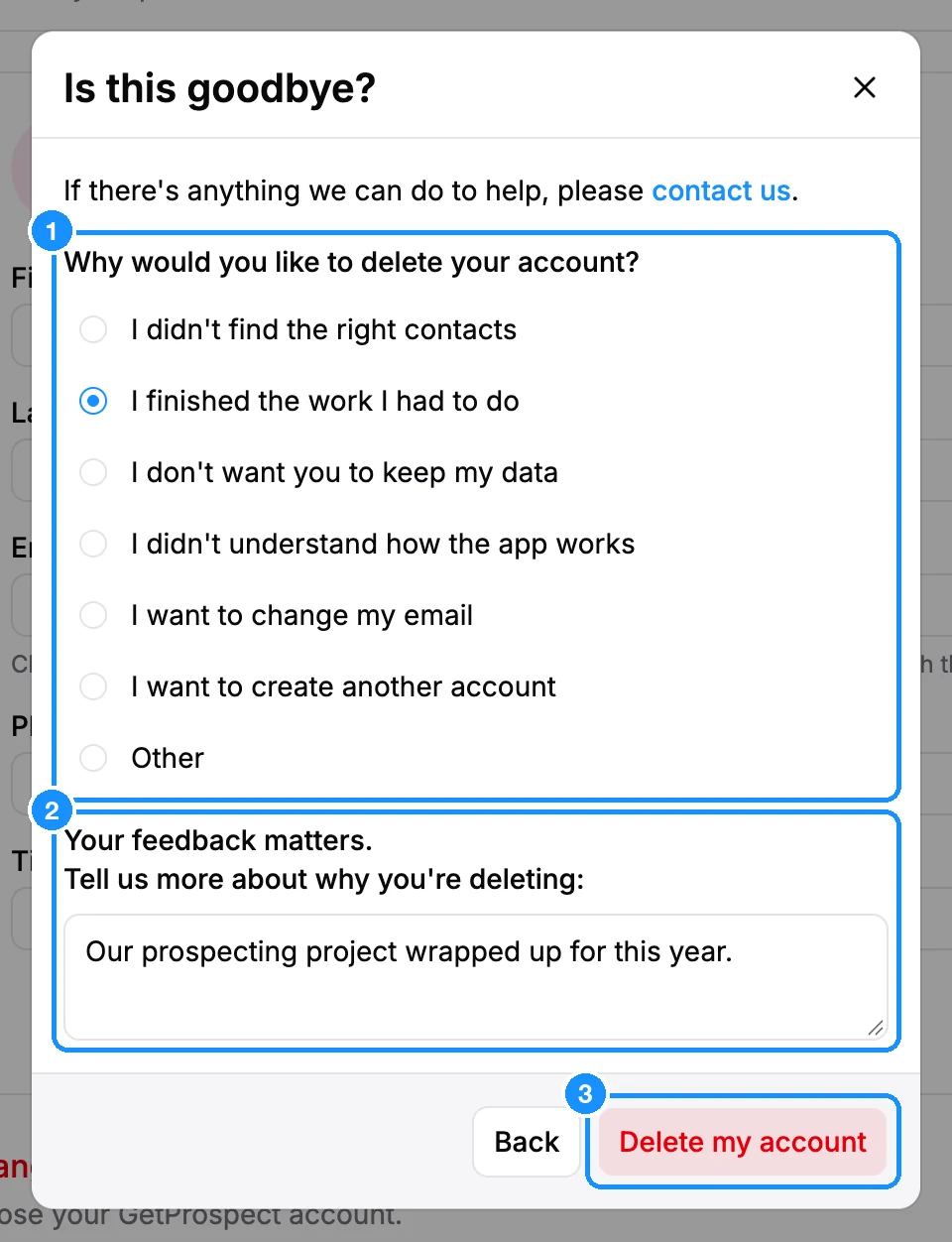 Is this goodbye? dialog with the list of reasons, the feedback box and the Delete my account button