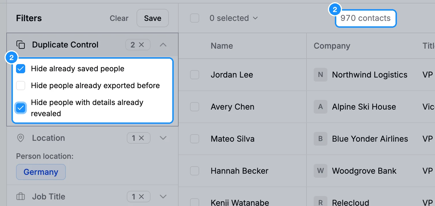 Duplicate Control filter expanded with Hide already saved people and Hide people with details already revealed ticked