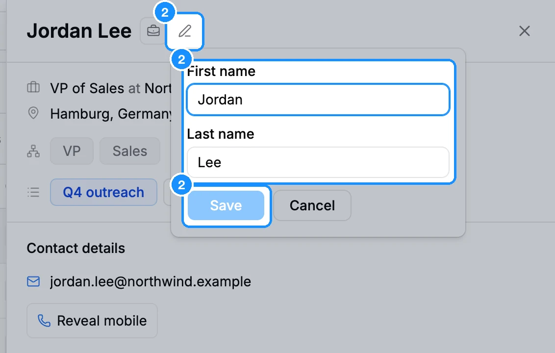 Person panel with the Edit name popover open, showing First name and Last name fields and Save and Cancel buttons