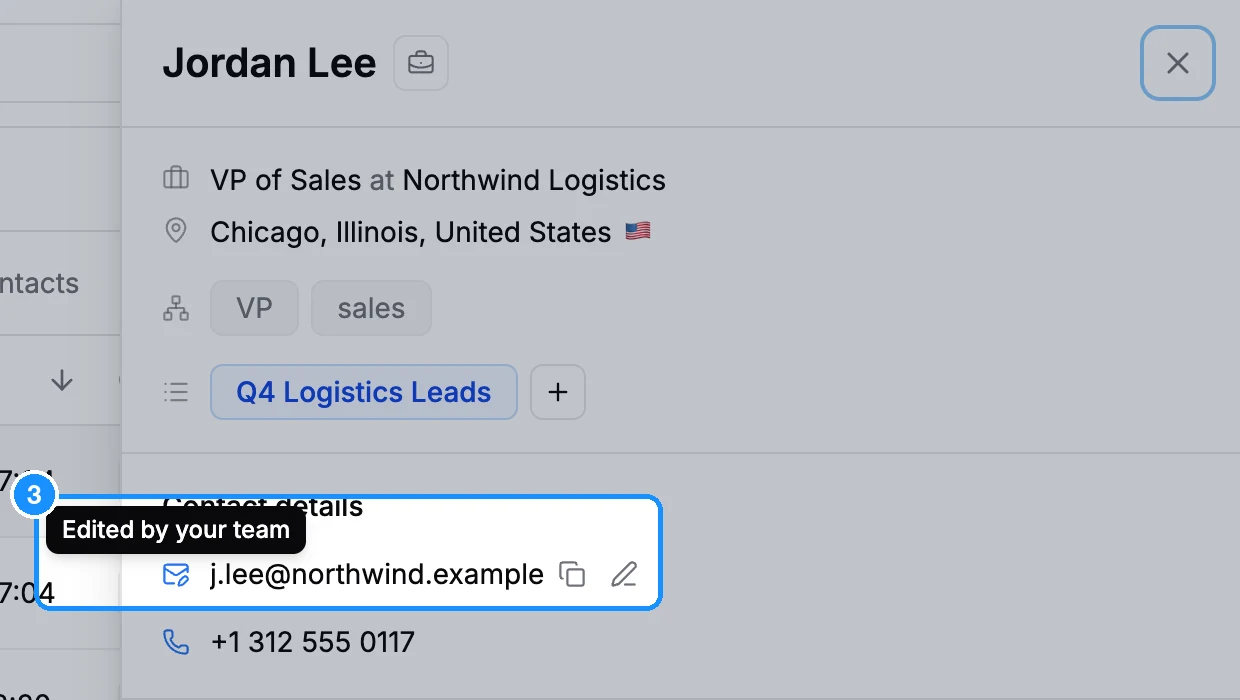 Person panel contact details with an edited email marked by the edit icon and the tooltip "Edited by your team"