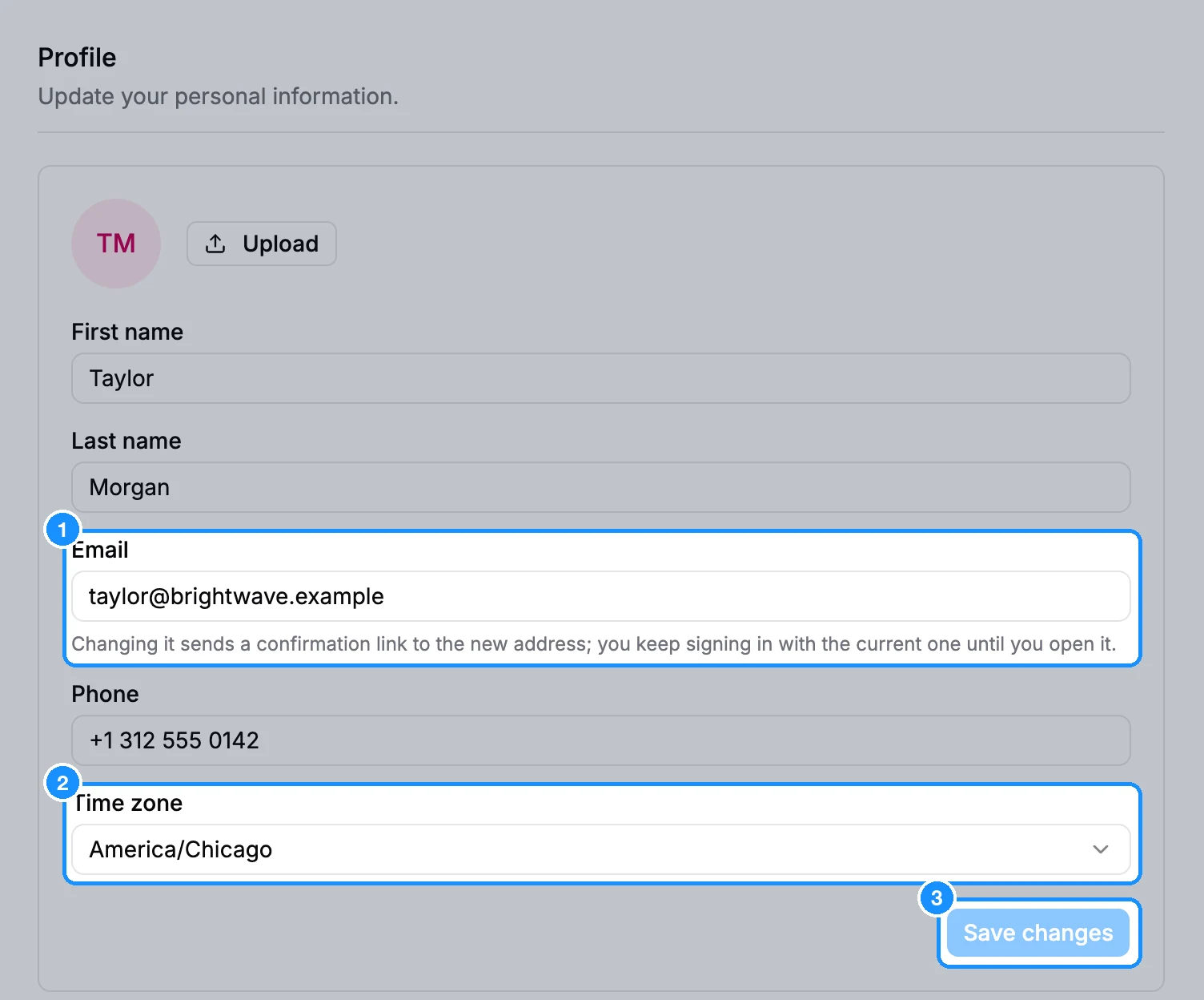 Settings Account page with the Profile form: Upload button, First name, Last name, Email, Phone and Time zone fields, and the Save changes button