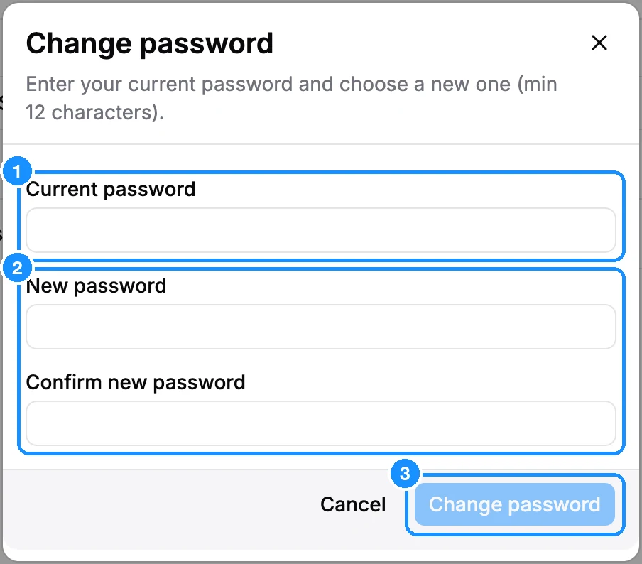 Change password dialog with Current password, New password and Confirm new password fields