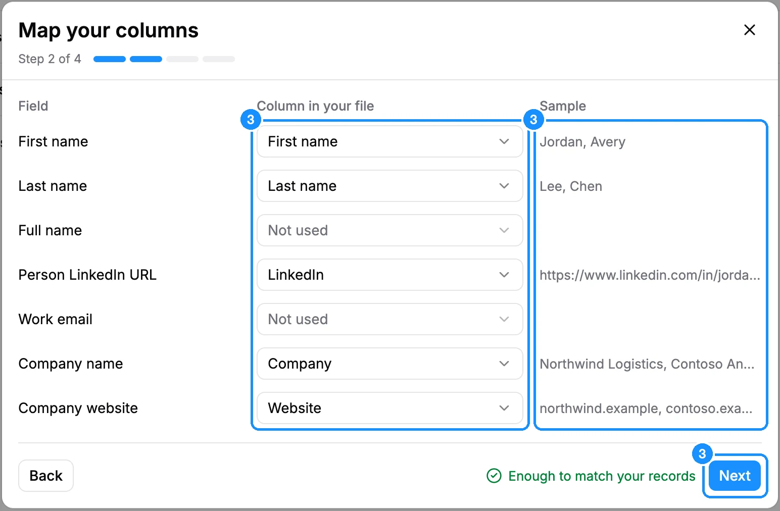 Map your columns step with Field, Column in your file and Sample columns, and the green line Enough to match your records
