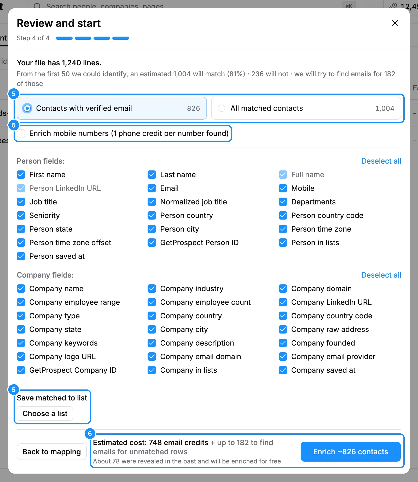 Review and start step showing the match estimate, the two scope cards, the mobile numbers checkbox, field pickers and the Estimated cost line