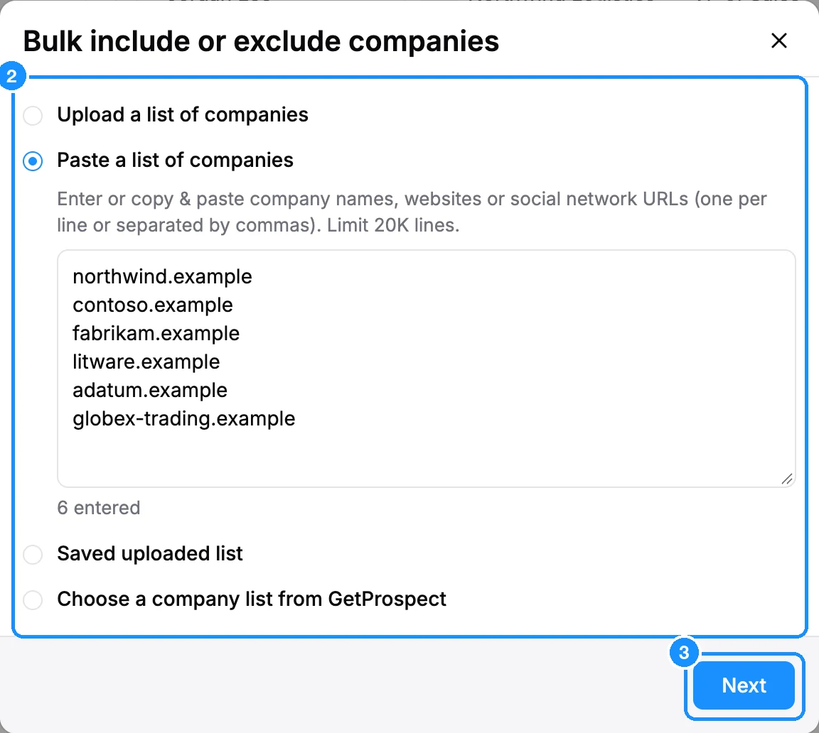 Bulk include or exclude companies dialog with Paste a list of companies selected and six domains pasted