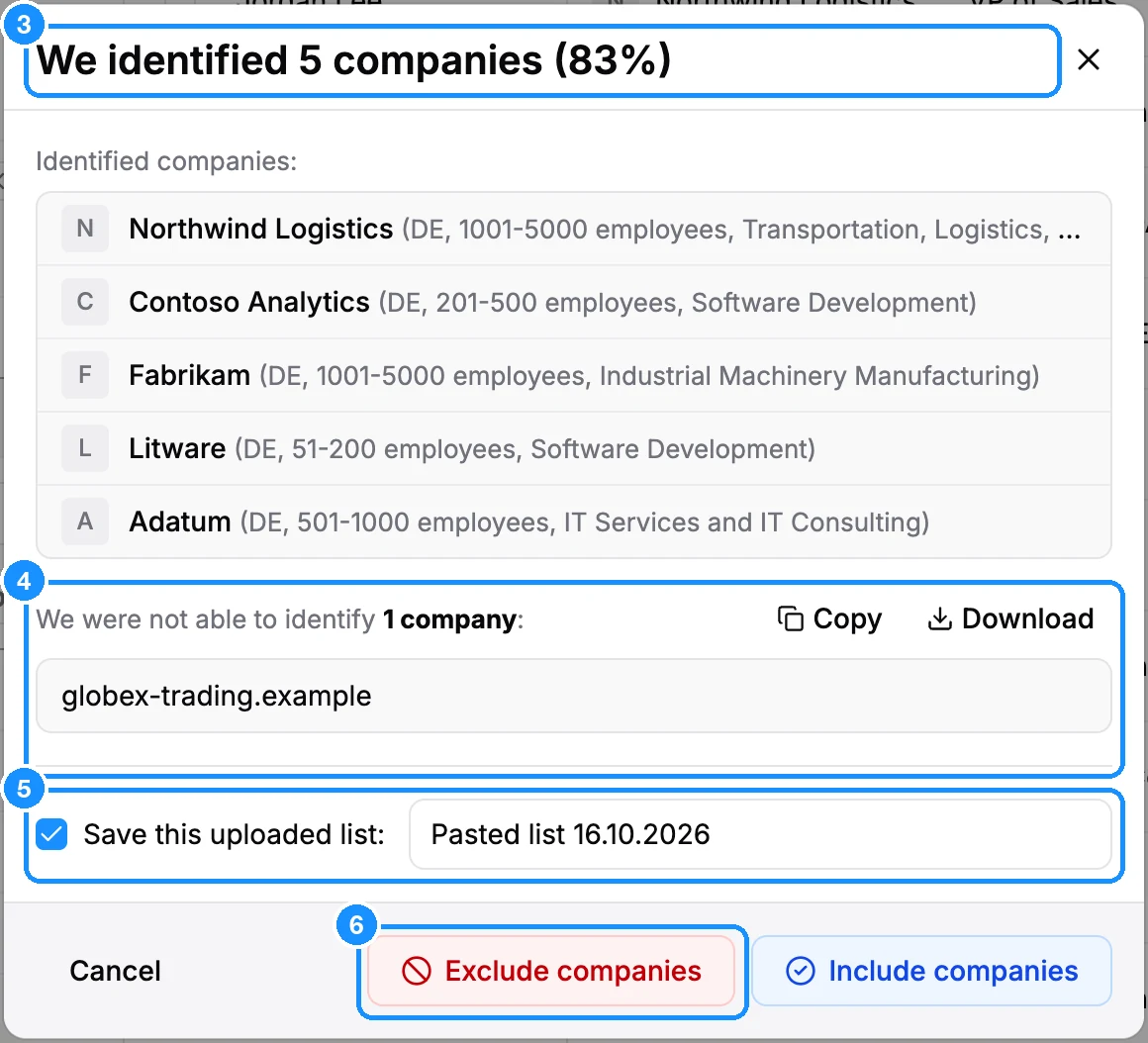 Match review saying "We identified 5 companies (83%)" with the identified companies listed, one unmatched line with Copy and Download, the Save this uploaded list field, and the Exclude companies and Include companies buttons