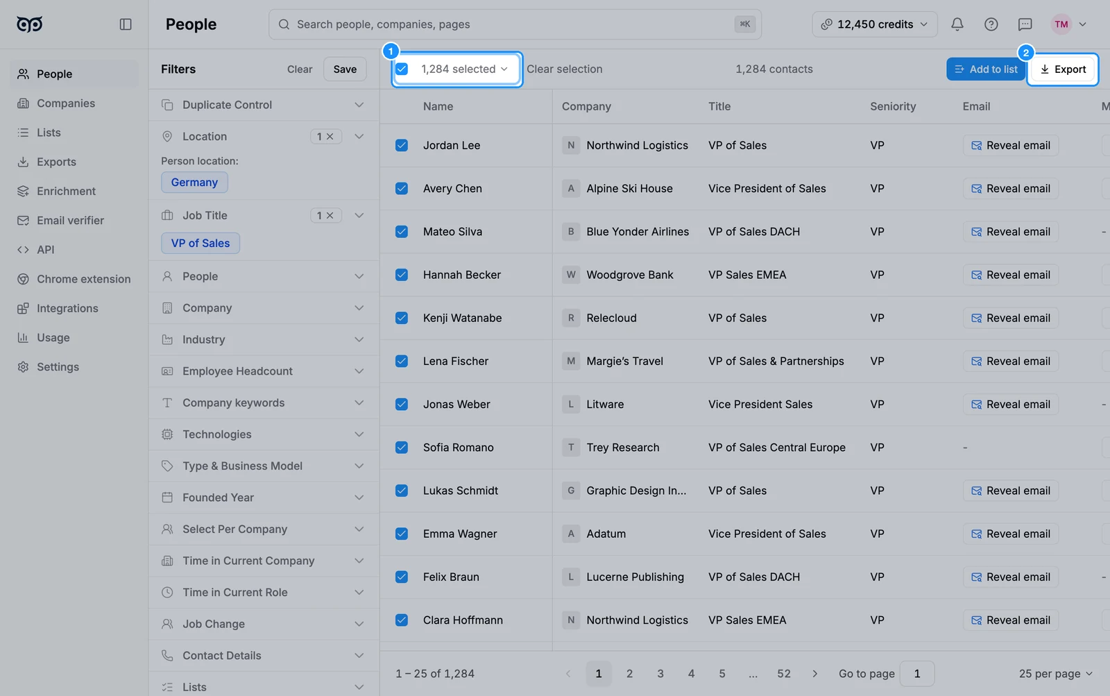 People search with all people selected and the Export button in the toolbar
