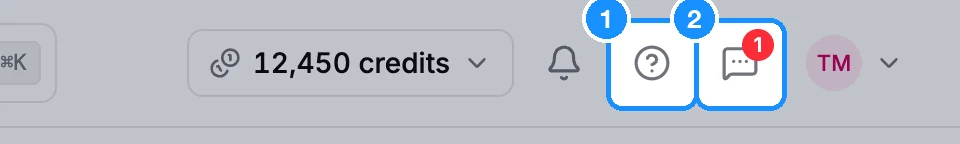GetProspect top bar with the question-mark Help center icon and the speech-bubble Chat with support icon next to the account menu
