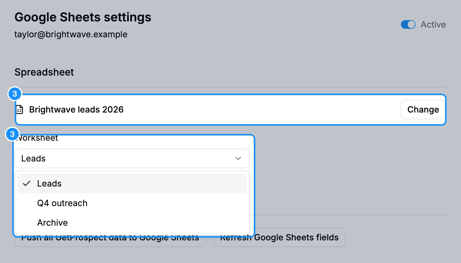 Google Sheets settings with the Spreadsheet section: the chosen spreadsheet with its Change button, and the Worksheet menu open below it