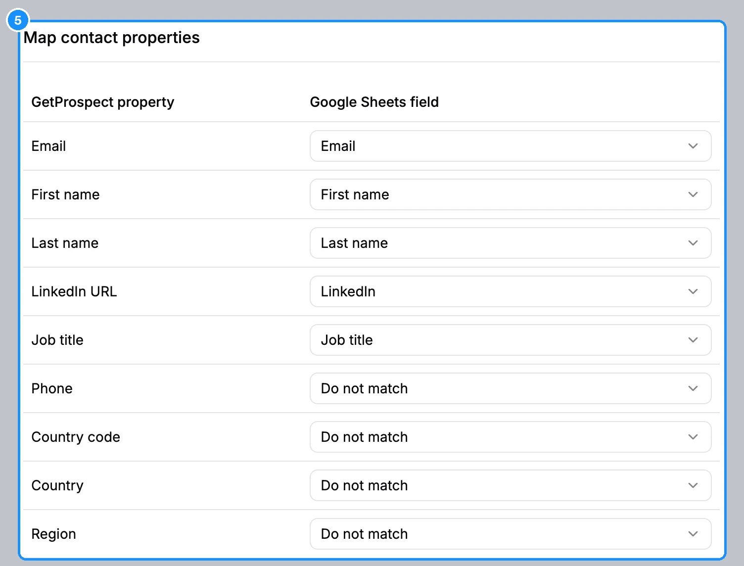 Google Sheets settings with the Map contact properties table, GetProspect property on the left and Google Sheets field on the right