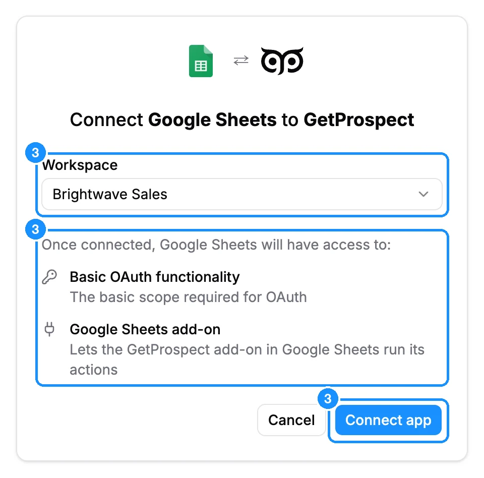 Connect Google Sheets to GetProspect page with the Workspace picker and the list of access it grants: Basic OAuth functionality and Google Sheets add-on