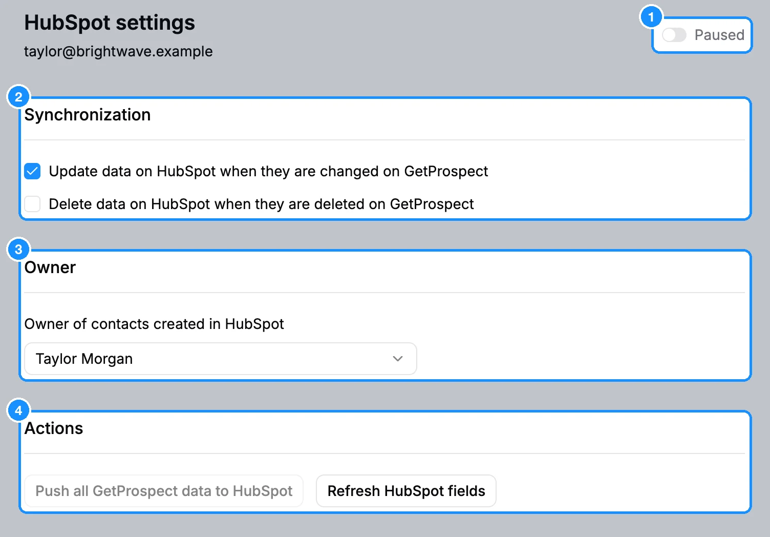 HubSpot settings page with the sync switch (here Paused), the Synchronization checkboxes, the Owner menu and the Actions buttons