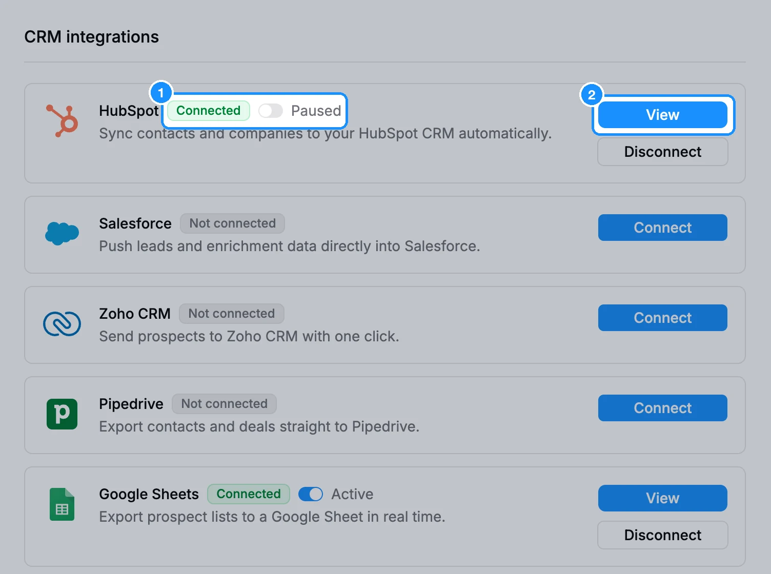Integrations page with the HubSpot card showing Connected, the sync switch (here Paused), and View and Disconnect buttons