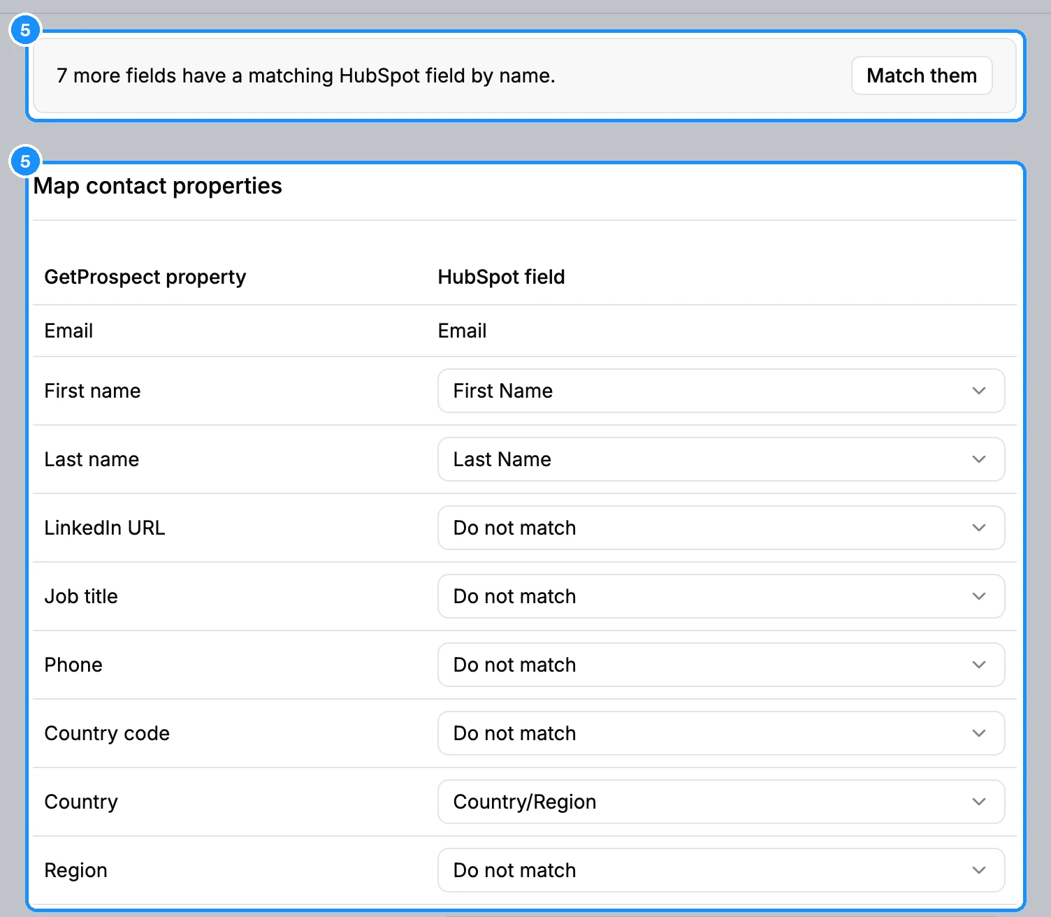HubSpot settings with the Match them banner above the Map contact properties table, GetProspect property on the left and HubSpot field on the right