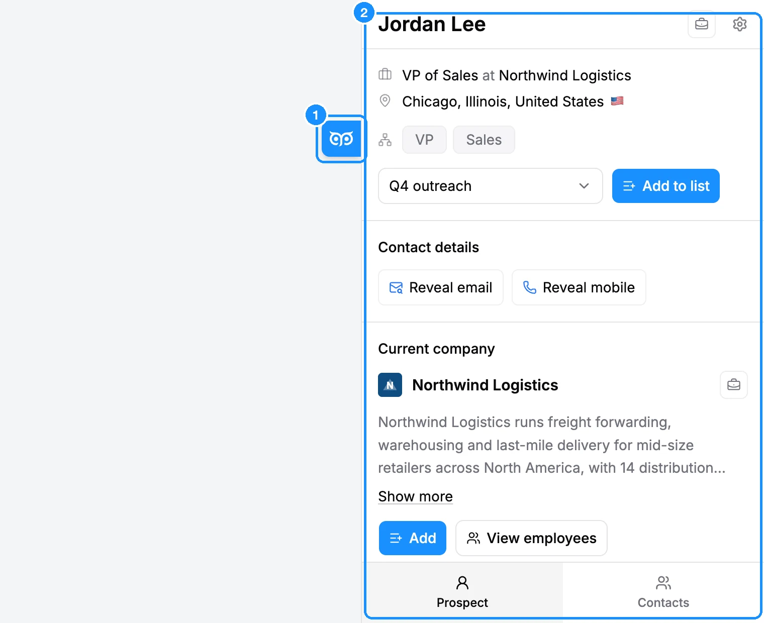 The GetProspect side panel open on the right with a person card, and the blue GetProspect tile at the right edge of the page (page content left out)
