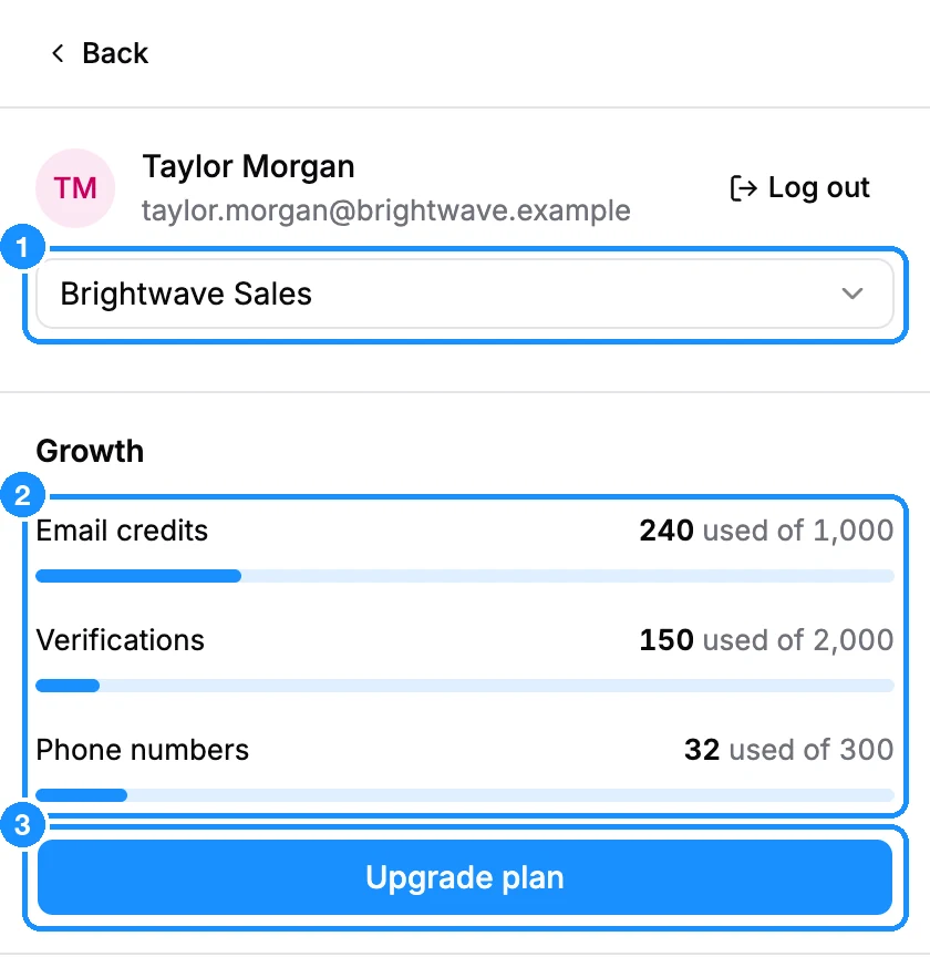 Extension Settings screen with the account name, Log out, the workspace menu, the plan name, three credit meters and the Upgrade plan button