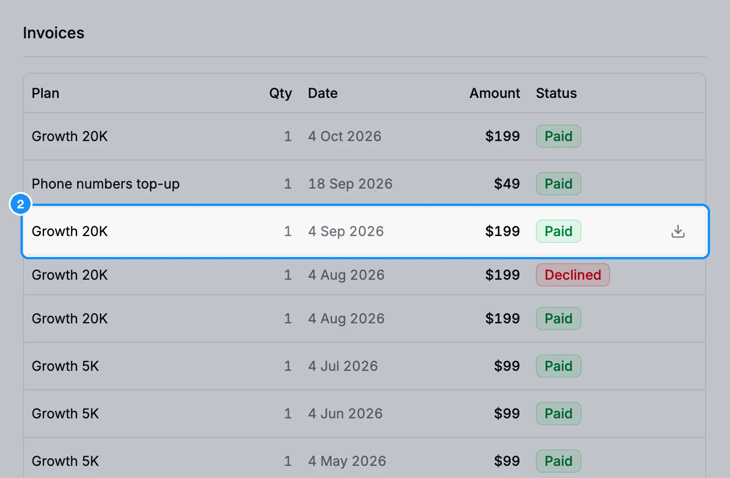 Invoices table in Settings Billing with Plan, Qty, Date, Amount and Status columns, Paid and Declined badges, and the download icon on a paid row
