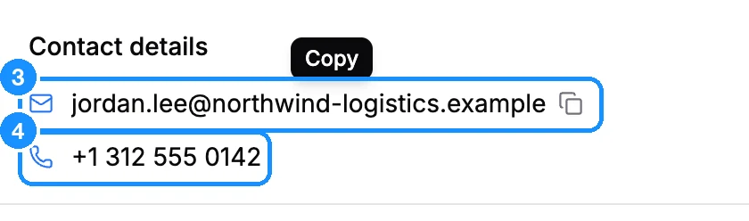 Contact details section showing a revealed business email with a copy button and a revealed mobile number