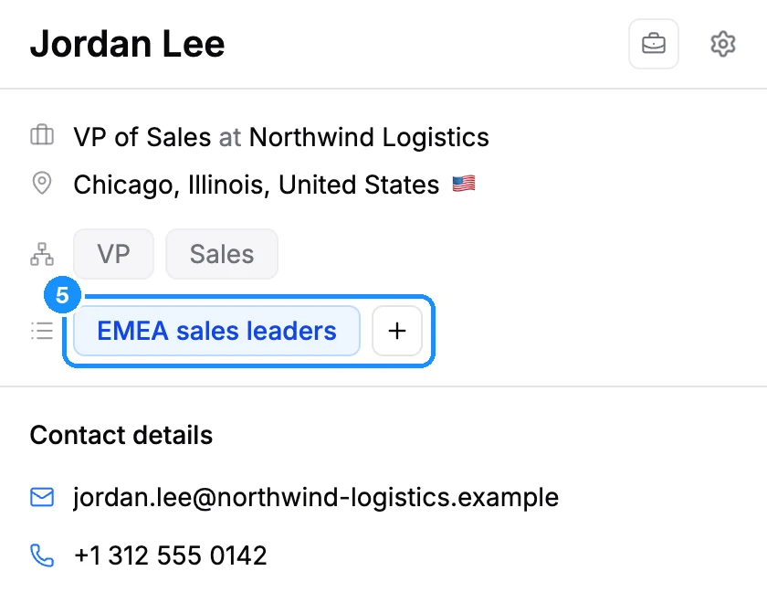 Person card with a list tag "EMEA sales leaders" and the small plus button next to it