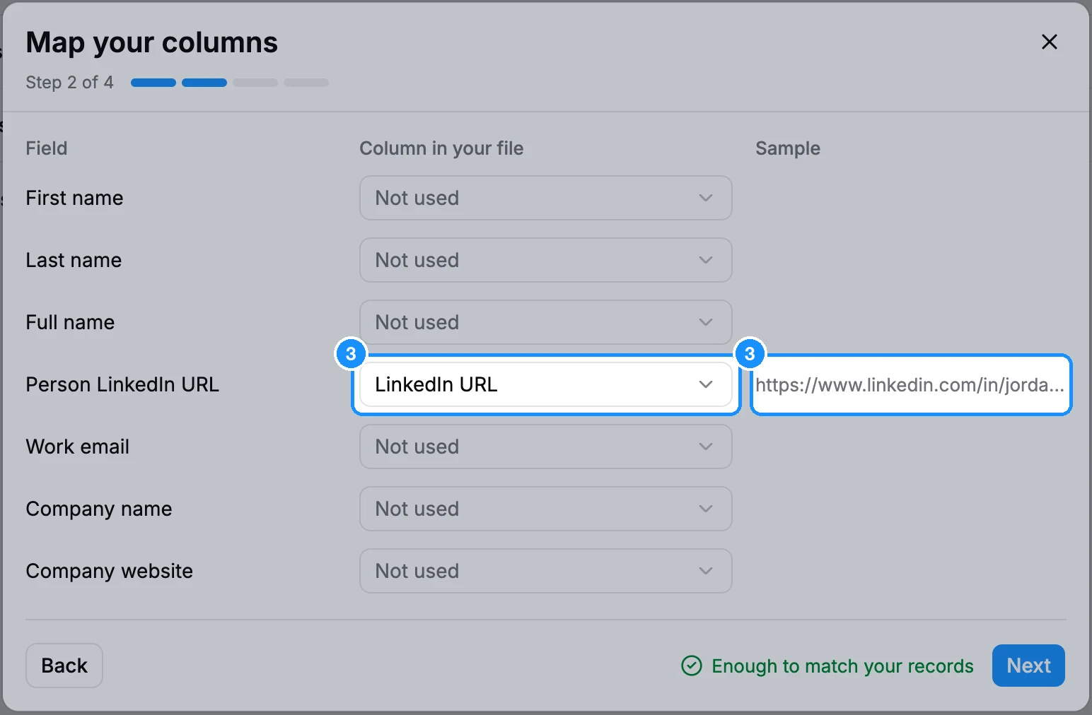 Map your columns step with the Person LinkedIn URL field set to the file's LinkedIn URL column and sample profile links shown