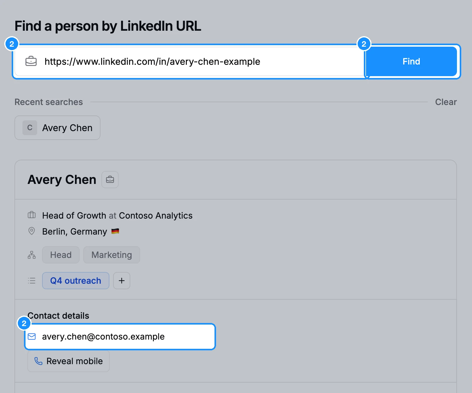 LinkedIn URL tab with a profile URL in the field and the matched person's profile and email shown below