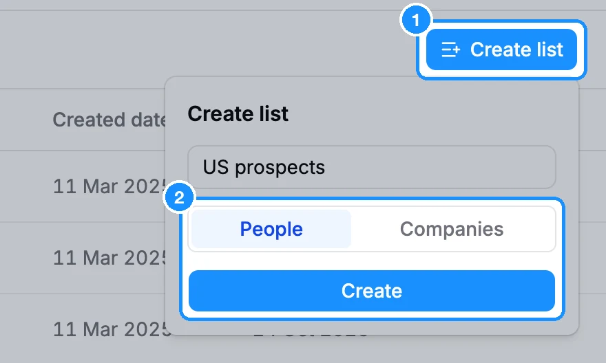 Lists page with the Create list popover open: a name field, a People / Companies switch and a Create button