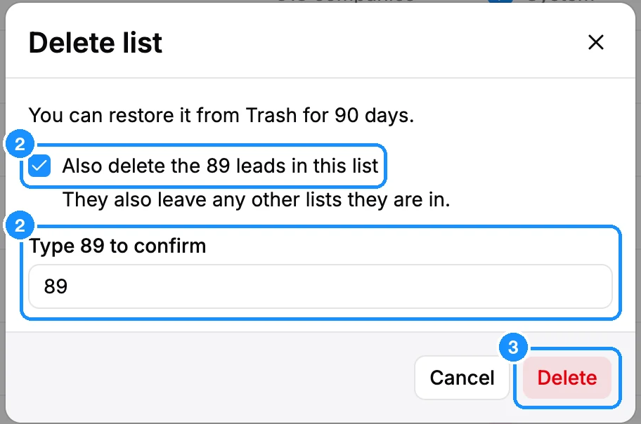 Delete list dialog with the "Also delete the 89 leads in this list" checkbox ticked, a field asking to type 89, and the Delete button