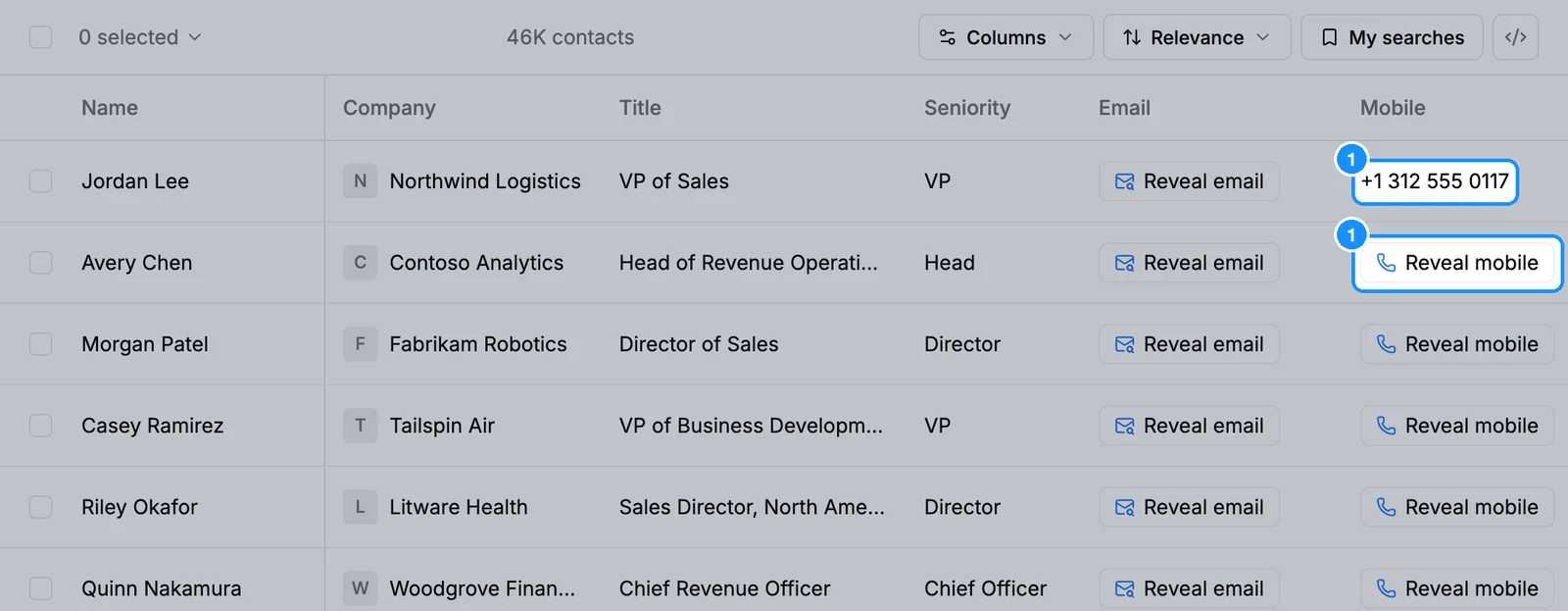 People search results with the Mobile column showing a Reveal mobile button on each row and one revealed number