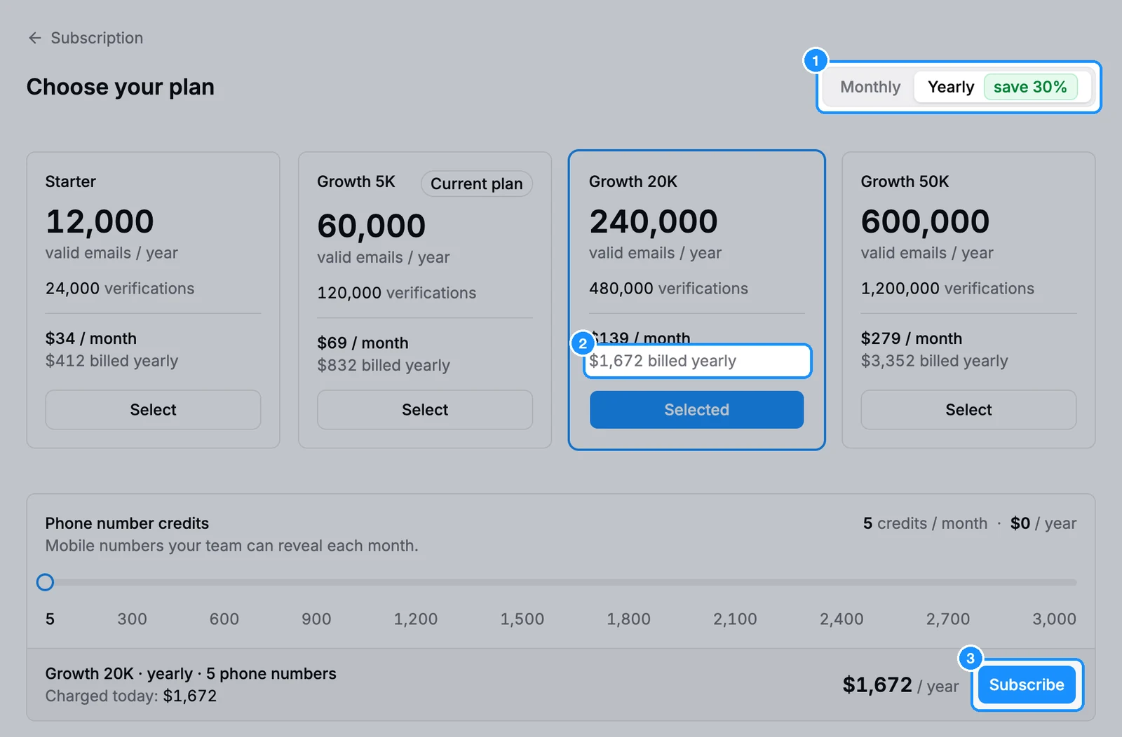 Plans page with Yearly selected in the billing cycle switch, plan cards showing the monthly equivalent and the amount billed yearly
