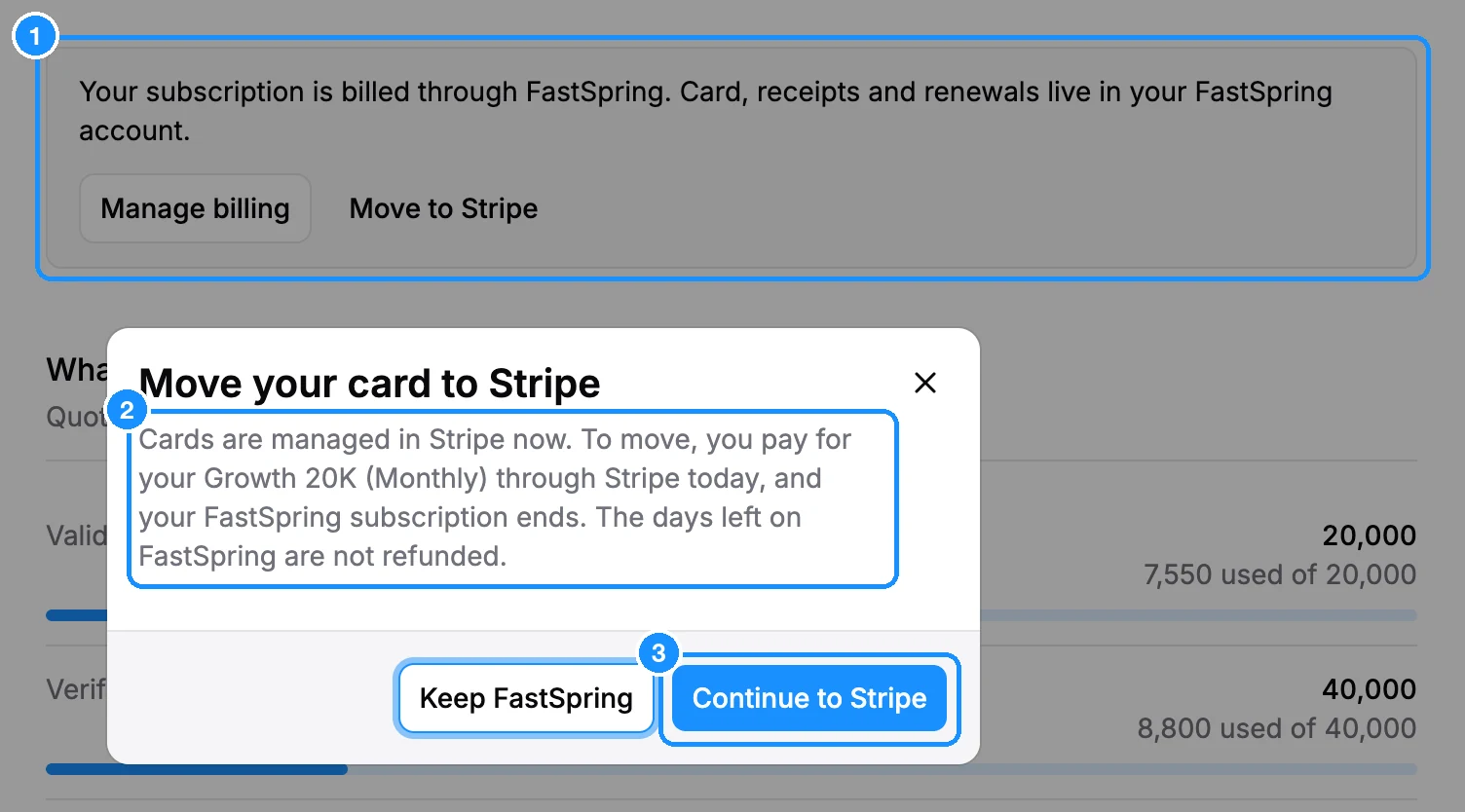 Move your card to Stripe dialog explaining that you pay for your plan through Stripe today and the FastSpring subscription ends, with Keep FastSpring and Continue to Stripe buttons