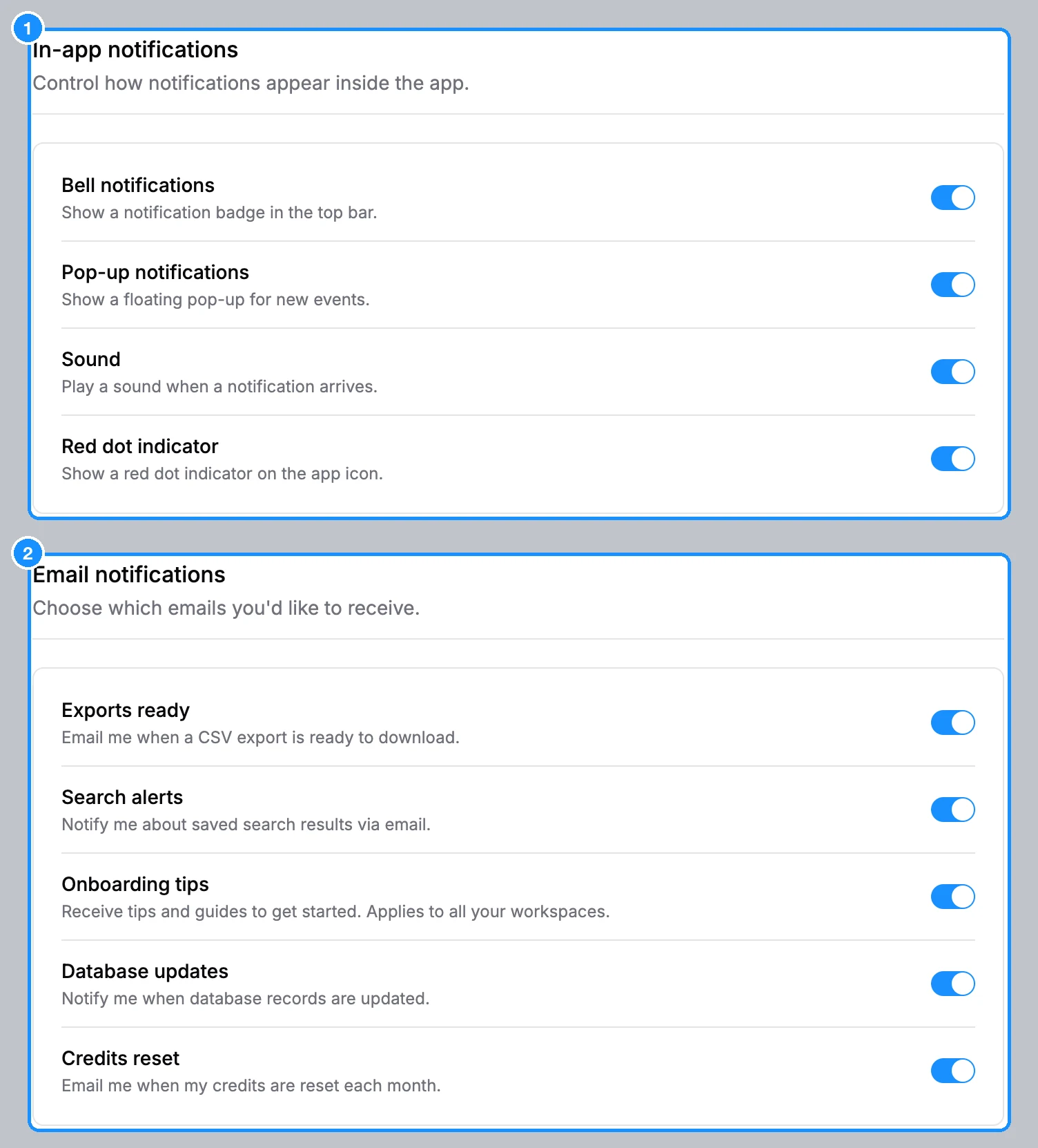 Settings Notifications page with In-app notifications switches (Bell notifications, Pop-up notifications, Sound, Red dot indicator) and Email notifications switches below