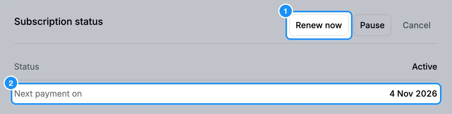 Settings Subscription page with the Subscription status section and the Renew now, Pause and Cancel buttons