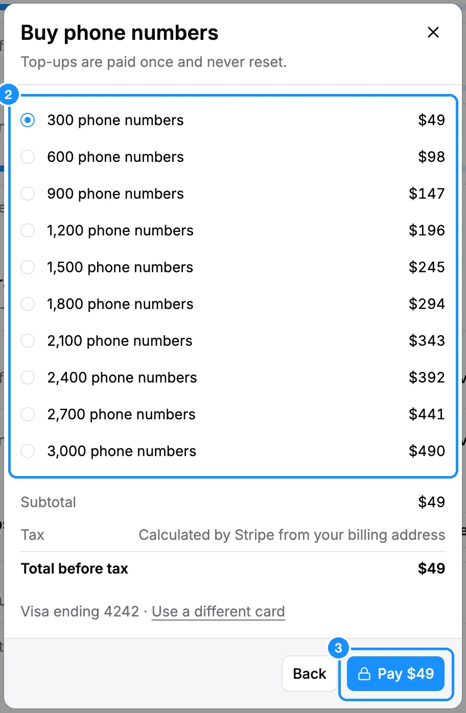 Buy phone numbers dialog with a list of packages and prices, the subtotal and tax lines, the saved Visa card and the Pay button