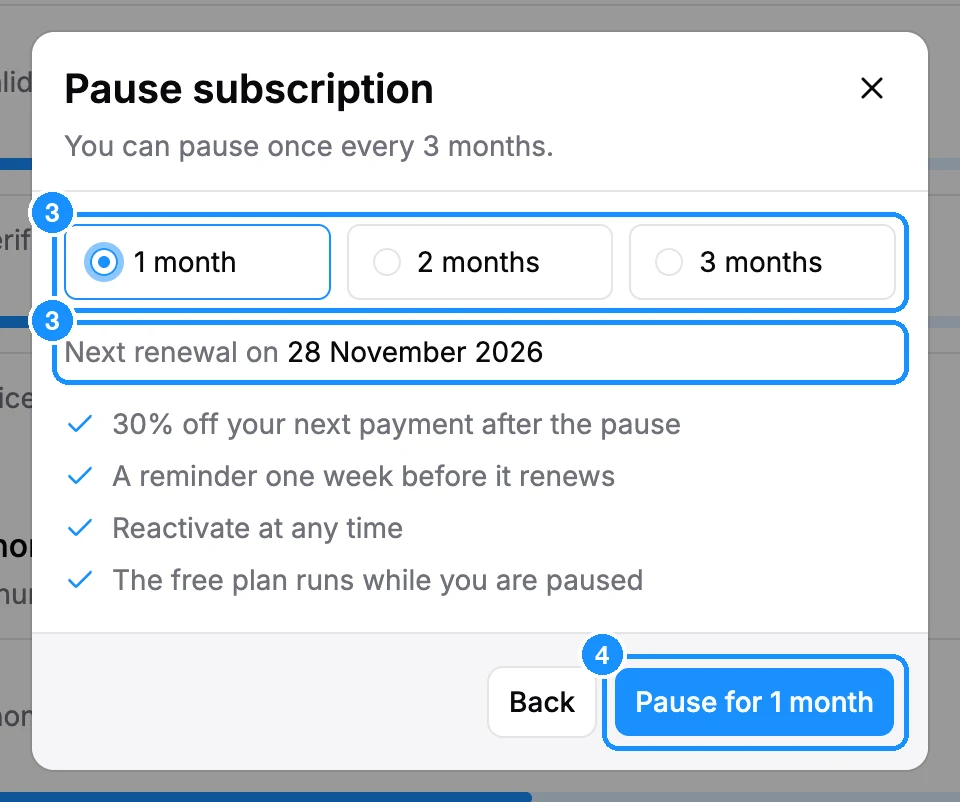 Pause subscription dialog with 1 month, 2 months and 3 months options, the next renewal date and the list of what you get