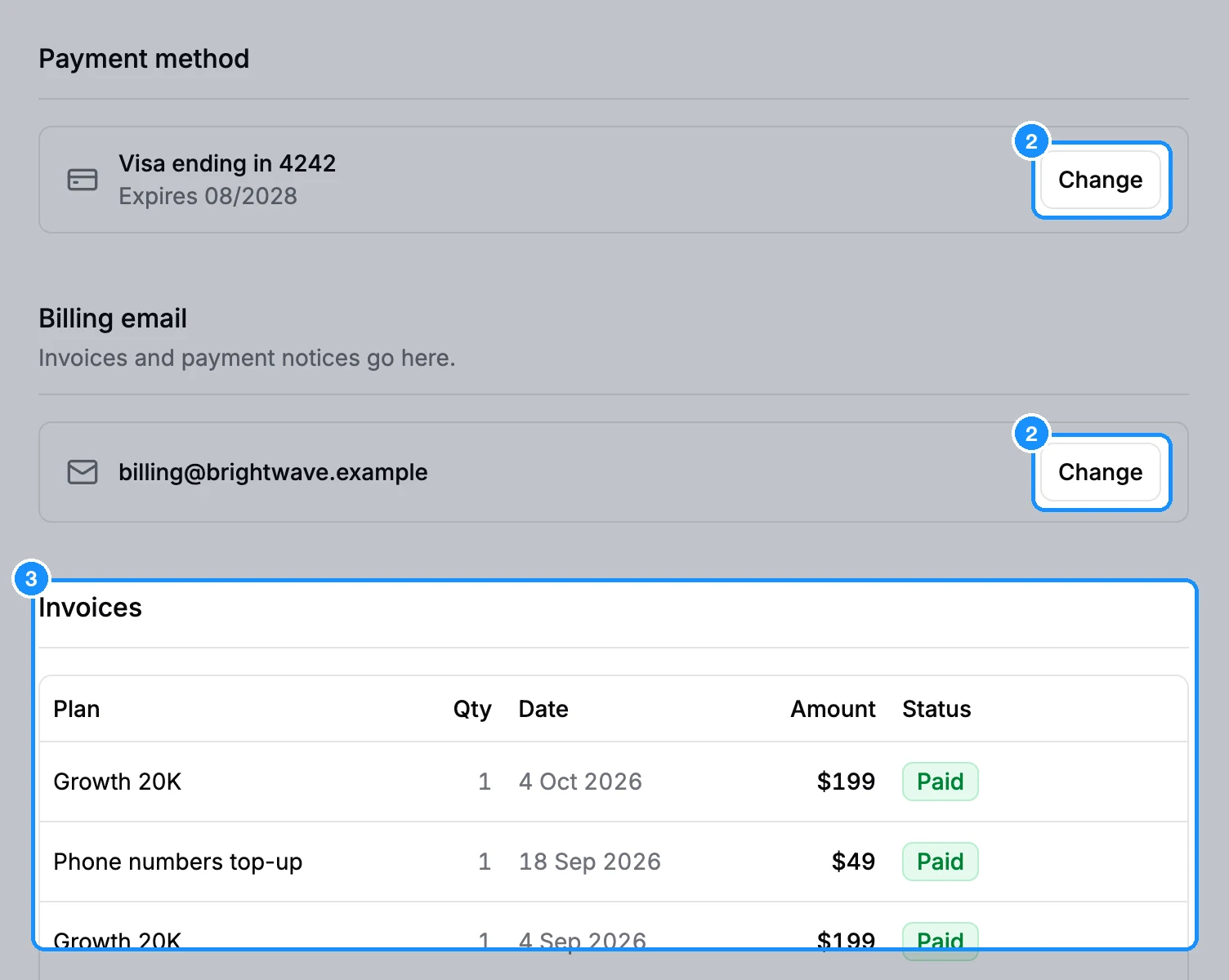 Settings Billing page with the Payment method section showing a Visa card and its Change button, the Billing email section with a Change button, and the top of the Invoices table