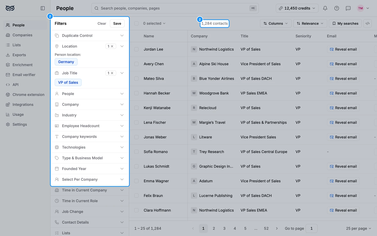People search with Job Title "VP of Sales" and Location "Germany" in the filter rail and a table of matching people