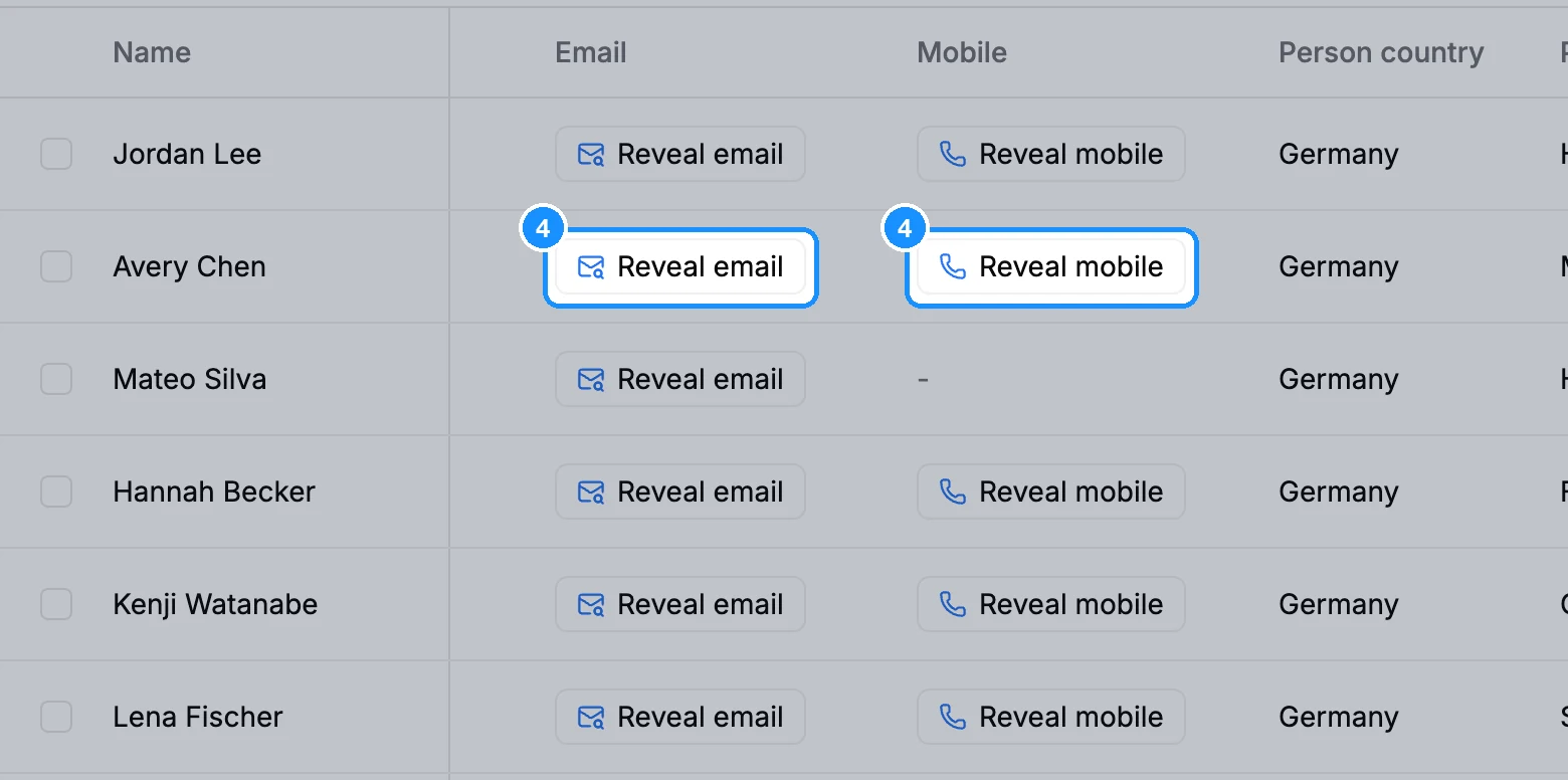 Results table with a Reveal email button in the Email column and a Reveal mobile button in the Mobile column