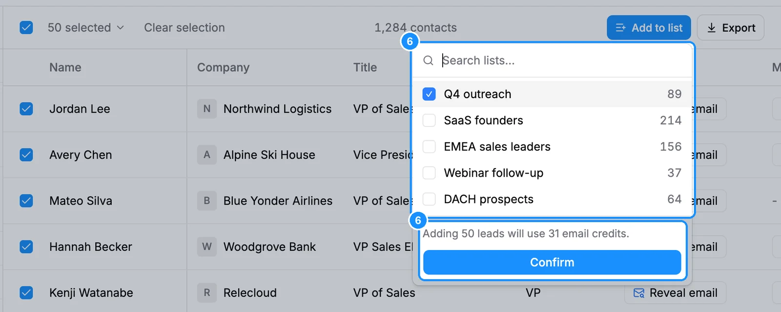 Add to list popover with a list ticked, the line "Adding 50 leads will use 31 email credits." and the Confirm button